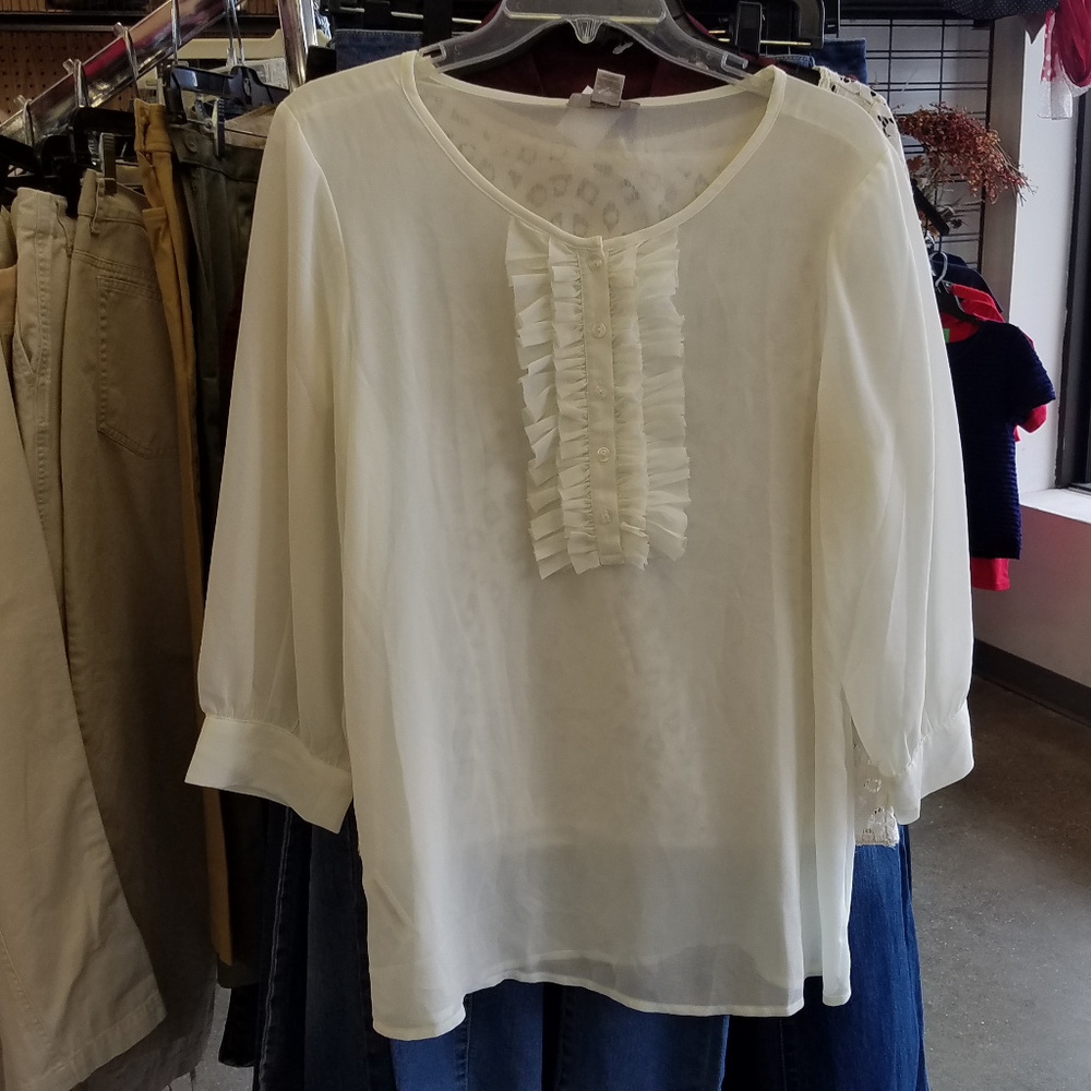 Ann Taylor sheer ruffle tuxedo blouse